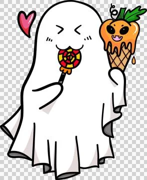 Cute cartoon ghost with candy and ice cream in Halloween doodle illustration Stock Illustration