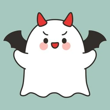 Cute Cartoon Ghost with Devil Horns and Bat Wings Stock Illustration