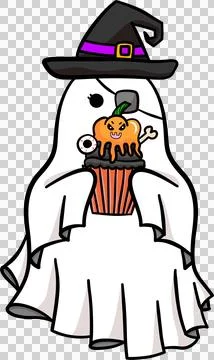 Cute Cartoon ghost with Evi cupcake in Halloween illustration Stock Illustration