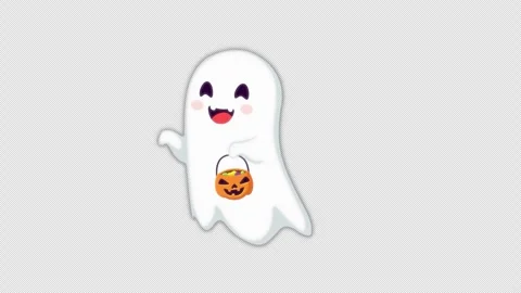 Cute Cartoon Ghost Floating with Halloween Candy Bucket Stock Footage 327442844
