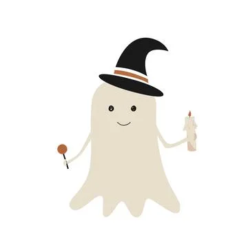 Cute cartoon ghost in a hat with candle and candy. Hand drawing Halloween vector Stock Illustration