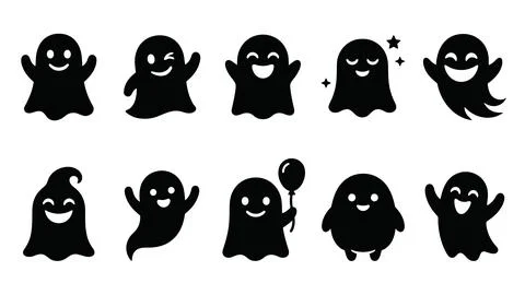 Cute cartoon ghost silhouette set for halloween design elements with funny .. Stock Illustration