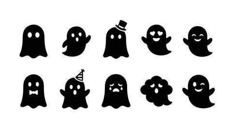 Cute cartoon ghost silhouettes with different facial expressions and access.. Stock Illustration
