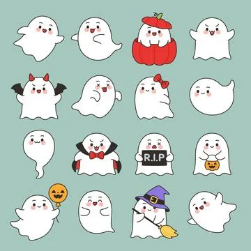 Cute Cartoon Ghost Vector Collection Set with Playful Halloween Characters Illustrazione stock