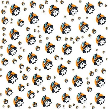 Cute cartoon ghost wearing a witch hat seamless pattern background Stock Illustration