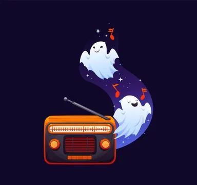 Cute cartoon ghosts dancing around vintage radio Stock Illustration
