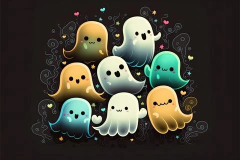 Cute cartoon ghosts, scary, Made by AI,Artificial intelligence Stock Illustration
