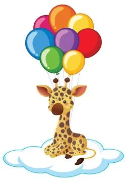 Cute Cartoon Giraffe Sitting on a Cloud with Colorful Floating Balloons Stock Illustration
