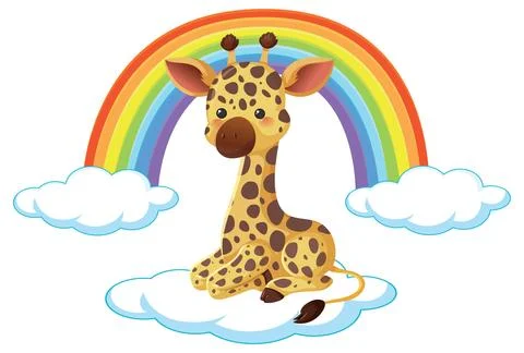 Cute Cartoon Giraffe Sitting on Cloud with Rainbow Background Stock Illustration