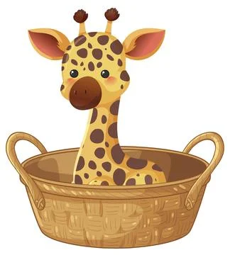 Cute Cartoon Giraffe Sitting Inside a Woven Wicker Basket Stock Illustration