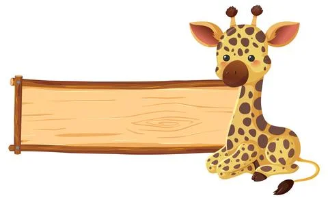 Cute Cartoon Giraffe Sitting Next to a Blank Wooden Sign Stock Illustration