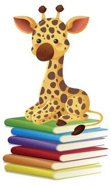 Cute Cartoon Giraffe Sitting on a Stack of Colorful Books イラスト素材