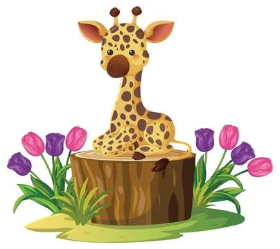 Cute Cartoon Giraffe Sitting on Tree Stump with Colorful Tulips 스톡 일러스트