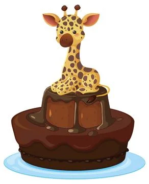 Cute Cartoon Giraffe Sitting on a Two Tier Chocolate Cake Stock Illustration