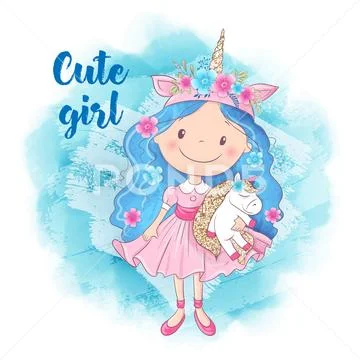 Cute Cartoon Girl and Unicorn on a blue background Stock Illustration