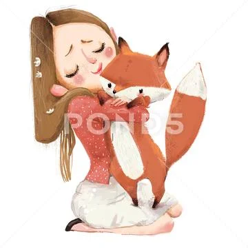 Cute cartoon girl with a fox Stock Illustration