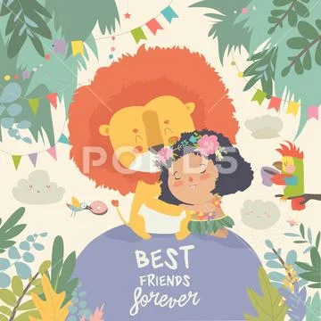 Cute cartoon girl hugging the lion. Best friends Stock Illustration