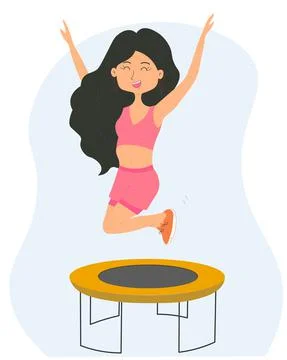 Cute cartoon girl jumping on the trampoline Stock Illustration