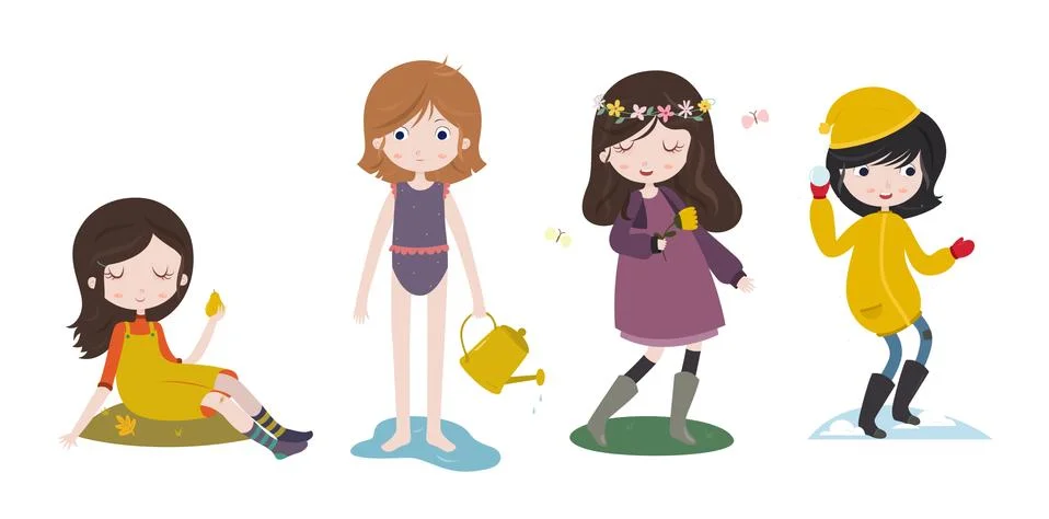 Cute cartoon girls and the four seasons Stock Illustration