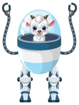 Cute Cartoon Goat Pilot Operating a Futuristic Bipedal Robot Suit Stock Illustration