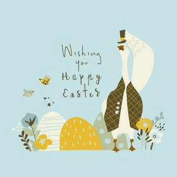 Cute cartoon goose with Easter eggs and flowers Stock Illustration