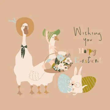 Cute cartoon gooses with Easter eggs and flowers Stock Illustration