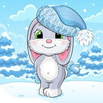 Cute cartoon Gray Rabbit with hat in winter. Stock Illustration