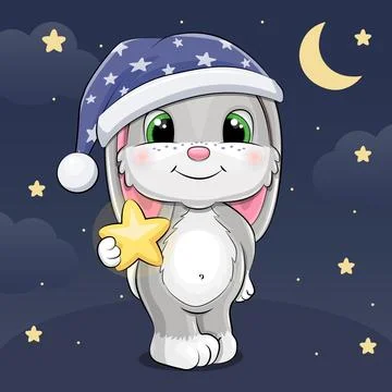 Cute cartoon Gray Rabbit with nightcap and shining star. Иллюстрация