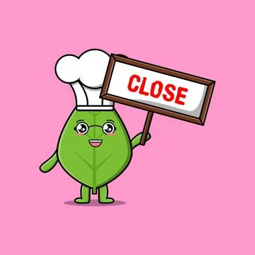 Cute cartoon green leaf chef holding close sign Stock Illustration