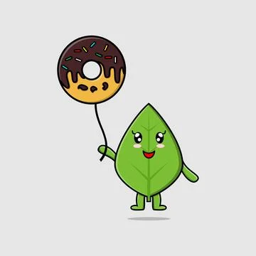 Cute cartoon green leaf floating with balloon cartoon vector illustration in con Stock Illustration