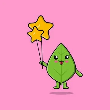 Cute cartoon green leaf floating with balloon cartoon vector illustration in con Stock Illustration