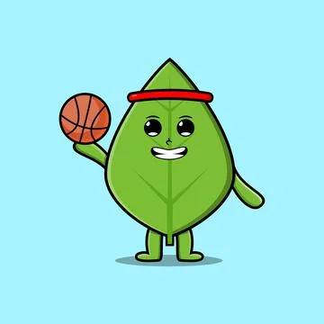 Cute cartoon green leaf playing basketball 스톡 일러스트