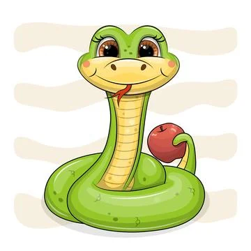 Cute cartoon Green Snake with red apple. イラスト素材