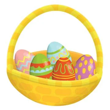 Cute cartoon Happy Easter basket with ornamental eggs isolated on white bac.. Illustrazione stock