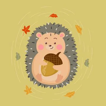Cute cartoon hedgehog hugging nut Stock Illustration