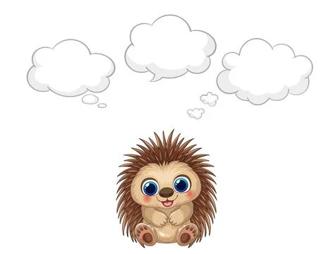 Cute Cartoon Hedgehog Sitting with Empty Thought Bubbles Vector Illustration 스톡 일러스트