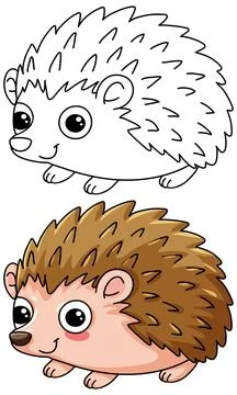 Cute Cartoon Hedgehog Vector Illustration with Coloring Page Version Stock Illustration