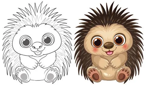 Cute Cartoon Hedgehog Vector Illustration with Line Art Coloring Page Stock Illustration