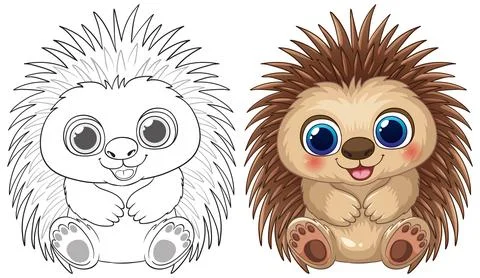 Cute Cartoon Hedgehog Vector Illustration with Coloring Page Version Stock Illustration