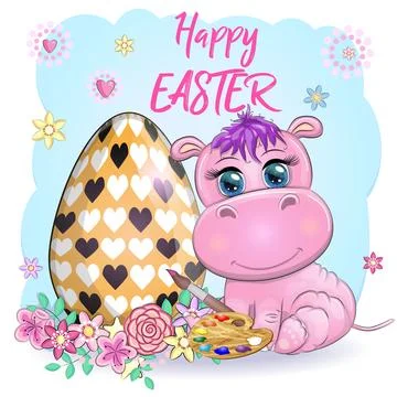 Cute cartoon hippo with Easter egg, Easter card Stock Illustration