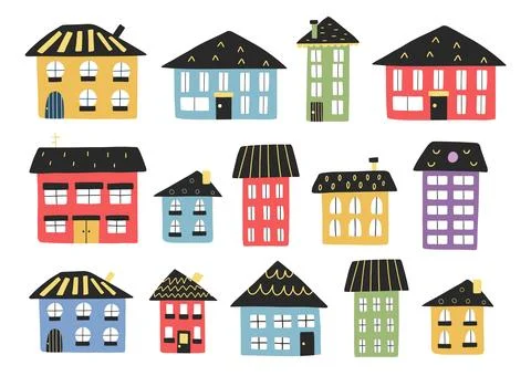 Cute cartoon houses set. Tiny town buildings collection. Flat isolated elements Stock Illustration