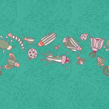Cute cartoon insect border pattern. Summer concept background. イラスト素材