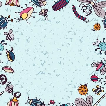 Cute cartoon insect border pattern. Summer concept background. 스톡 일러스트