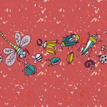 Cute cartoon insect border pattern. Summer concept background. イラスト素材