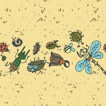 Cute cartoon insect border pattern. Summer concept background. イラスト素材