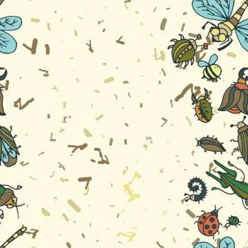 Cute cartoon insect border pattern. Summer concept background. イラスト素材