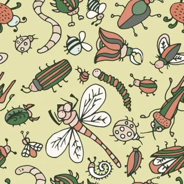 Cute cartoon insect pattern. Summer concept texture. イラスト素材