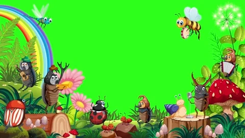 Cute Cartoon Insects and Forest Frame Animation on Green Screen Stock Footage 346435558