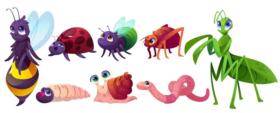 Cute cartoon insects characters snail, bee or bugs Stock Illustration