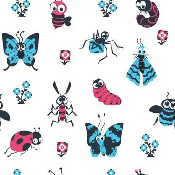 Cute cartoon insects seamless pattern. Beetles and bees with happy face, spider Illustrazione stock